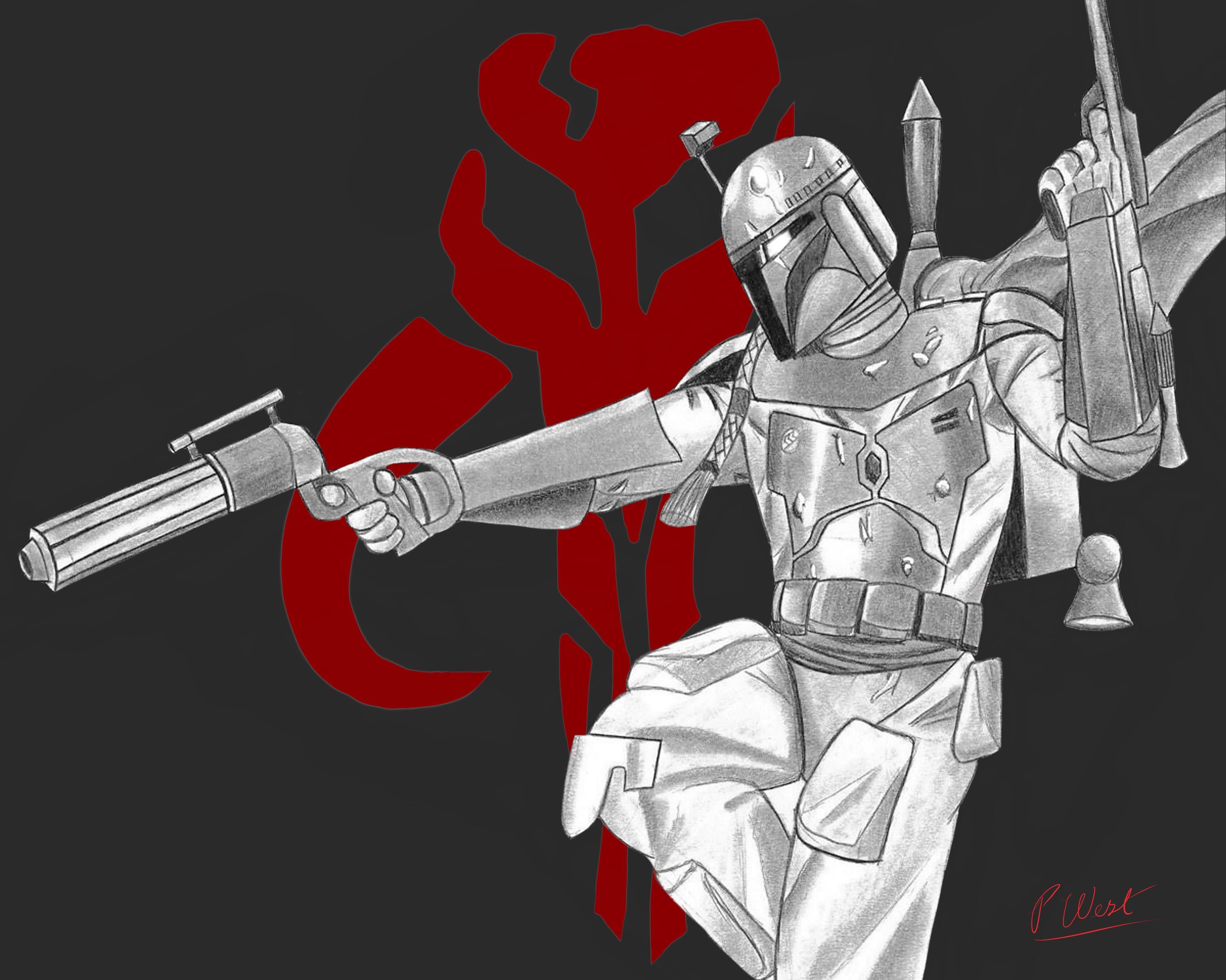 This is a black and white print of Boba Fett
